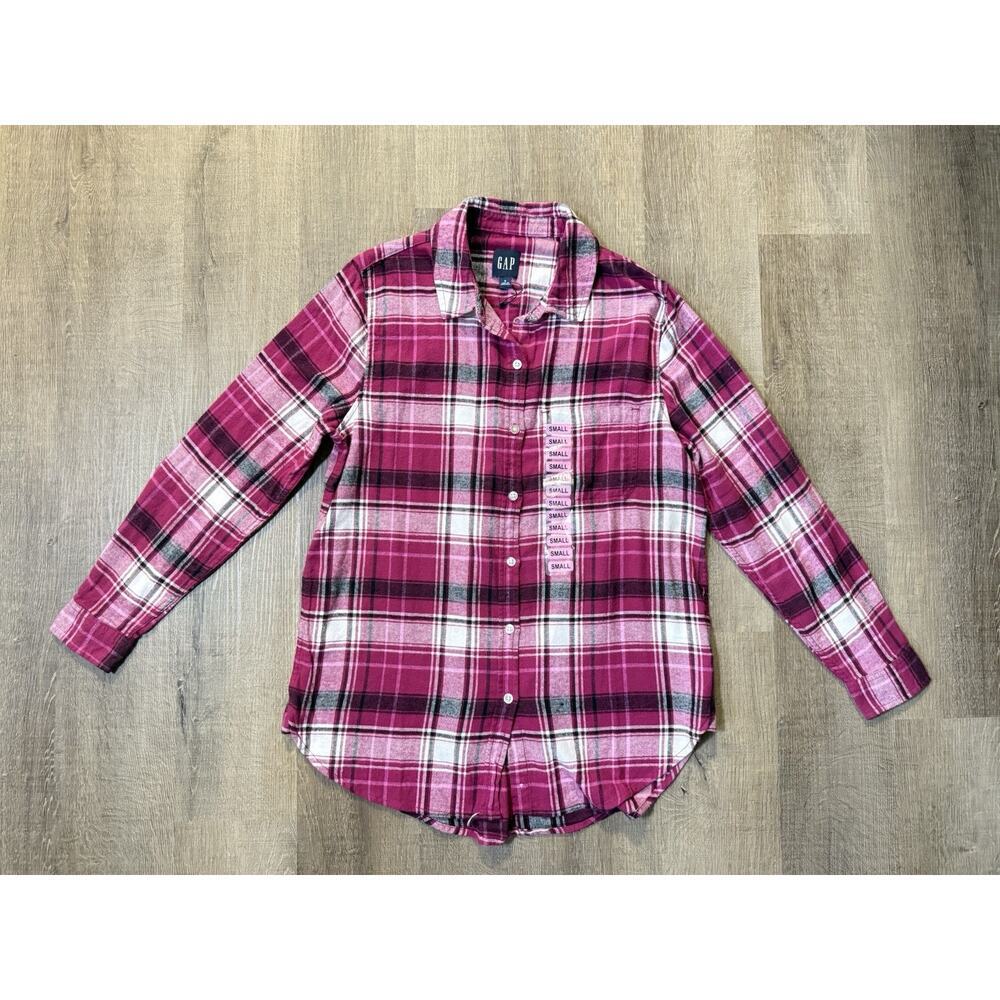 Gap Women Size Small Plaid Pink‎ And White Flannel Button Up Shirt Long Sleeve